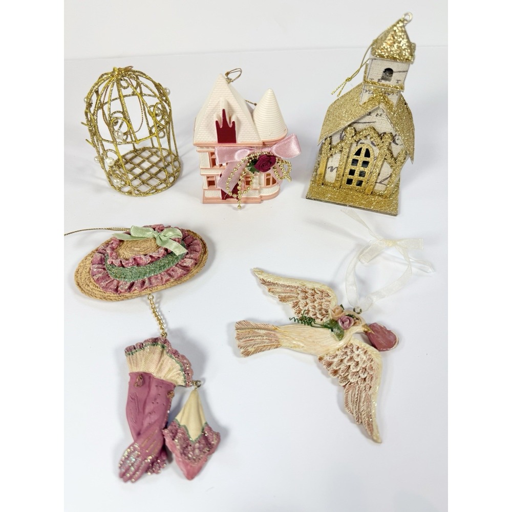 Victorian Shabby Chic Christmas Ornament Lot Pink Cottagecore Vintage 5pc